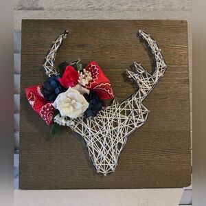 Handmade String Art Cow Skull Wood Wall Decor Floral Cottagecore Rustic Farm